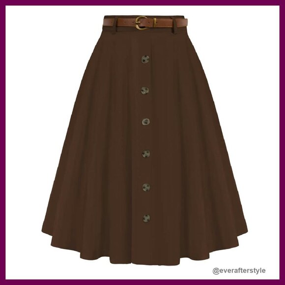 Dresses & Skirts - Vintage Stretch High Waist A-Line Flared Midi Skirt with Pockets & Belt